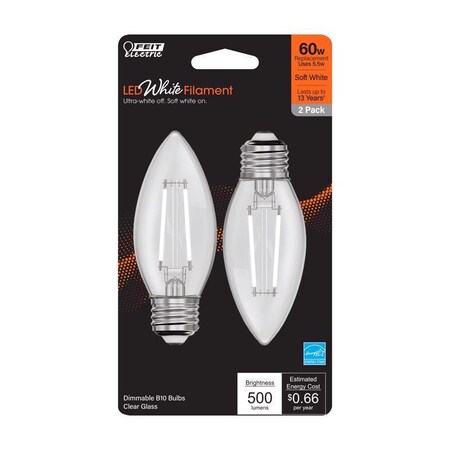 Feit Electric Feit White B10 E26 (Medium) Filament LED Bulb Soft White 60 Watt Equivalence 2 pk BPETC60927WFIL2